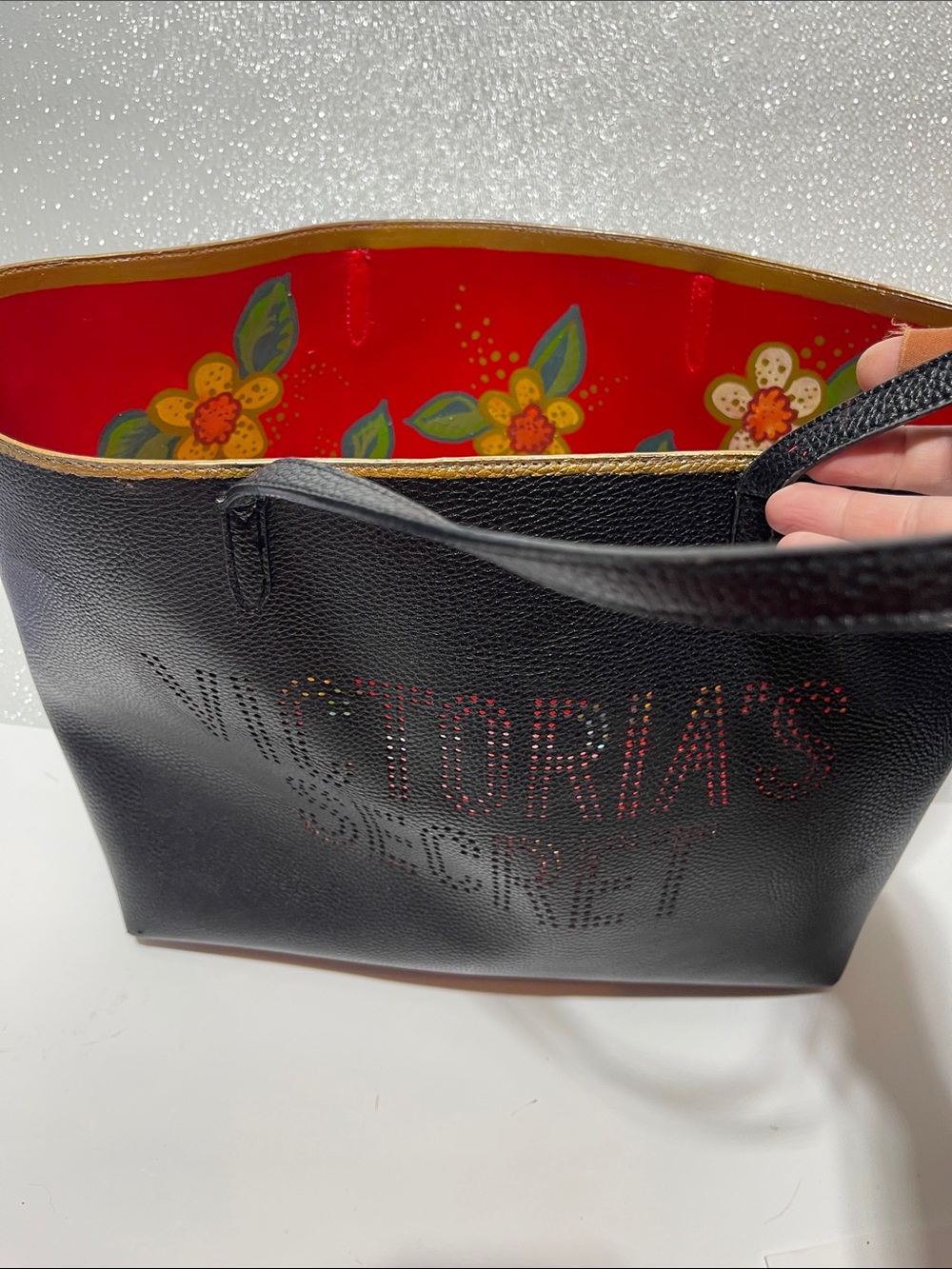 Hand painted, upcycled Victoria Secret Black Tote